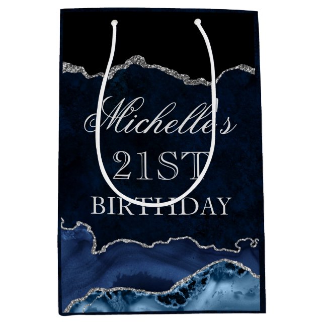 Blue and Silver Glitter Marble Agate Birthday Medium Gift Bag (Front)
