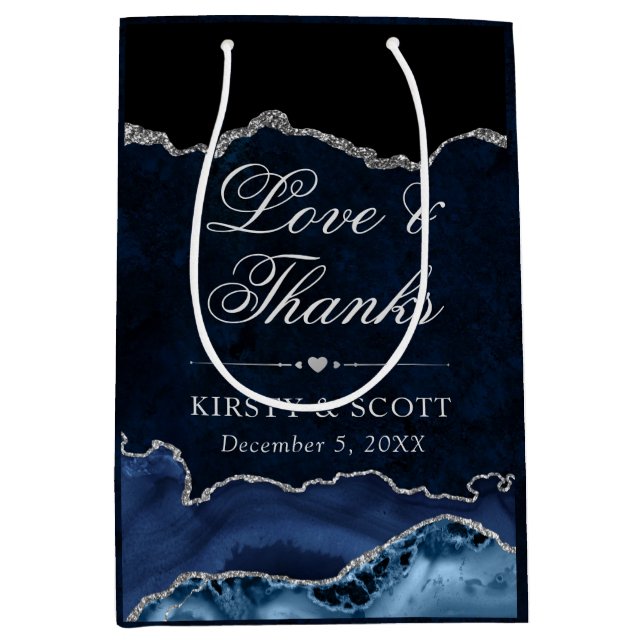 Blue and Silver Glitter Marble Agate Wedding Medium Gift Bag (Front)