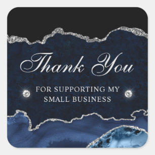 Blue and Silver Glitter Marble Small Business Square Sticker