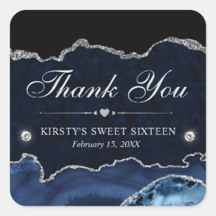 Blue and Silver Glitter Marble Sweet Sixteen Square Sticker