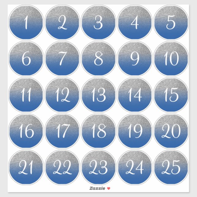 Blue and Silver Glitter Ombre 25 Numbered Circles (Sheet)