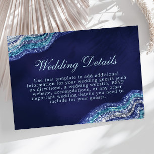Blue and Silver Glitter Wave Wedding Details Enclosure Card