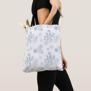 Blue and Silver Grey Winter Wonderland Snowflake Tote Bag