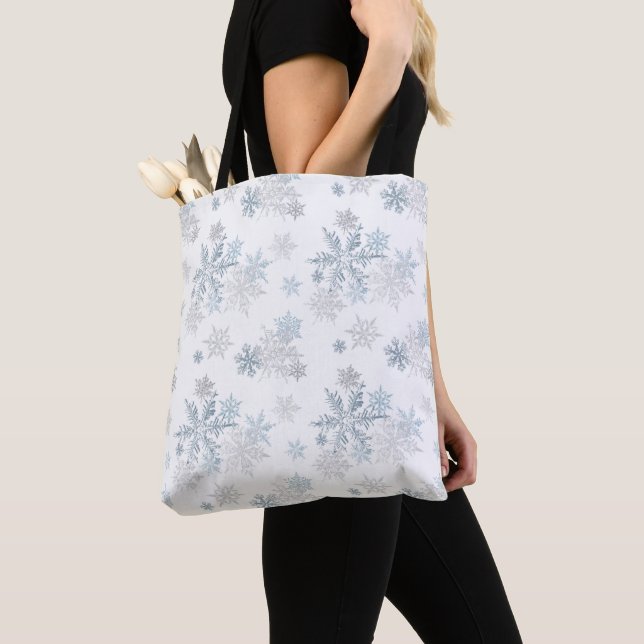 Blue and Silver Grey Winter Wonderland Snowflake Tote Bag (Close Up)