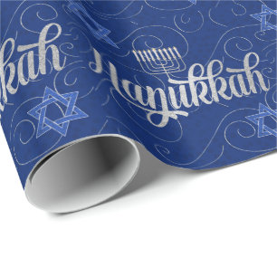 Blue and Silver Hanukkah with Swirls Star of David Wrapping Paper