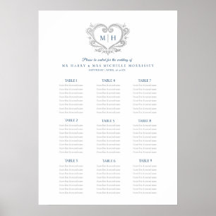 Blue and silver heart wreath wedding seating chart