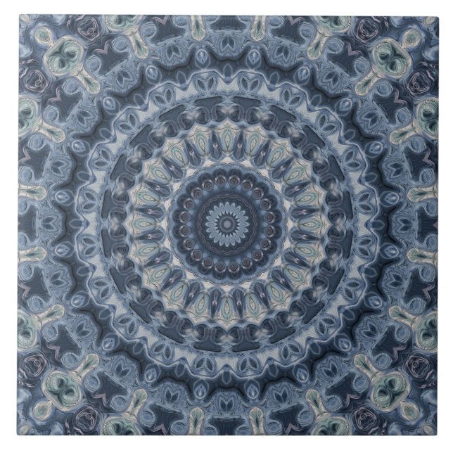 Blue and Silver Mandala Pattern Design Ceramic Tile (Front)