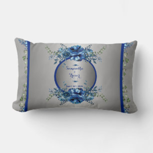 Blue And Silver Petal Symphony Lumbar Cushion