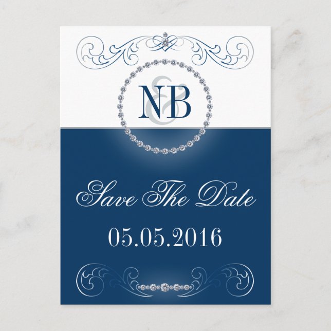 Blue and silver Save The Date postcards (Front)