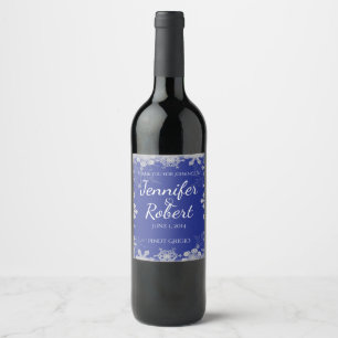 Blue and Silver Snowflake Wedding Wine Label
