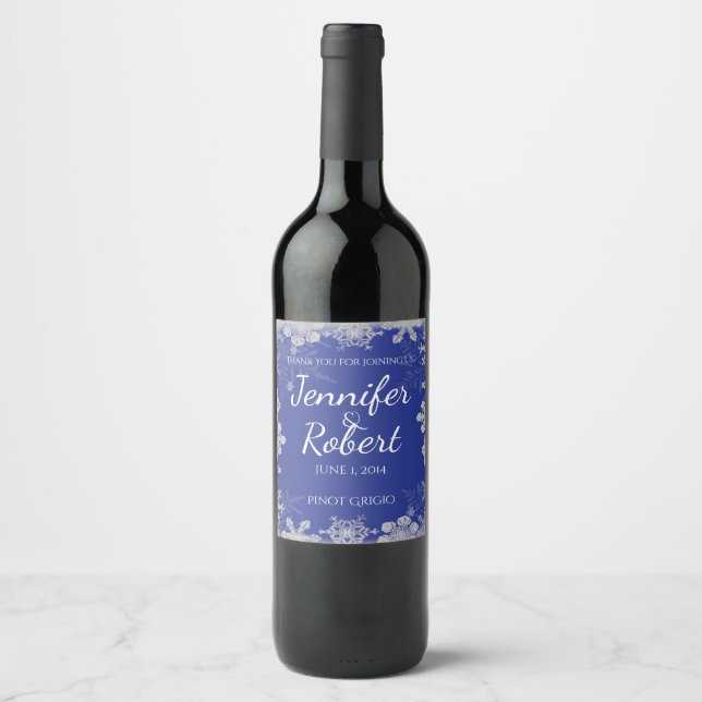 Blue and Silver Snowflake Wedding Wine Label (Front)