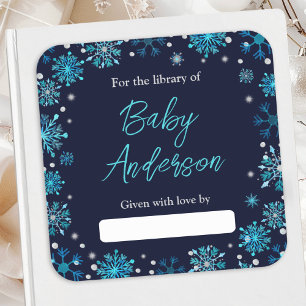 Blue and Silver Snowflakes Baby Shower Bookplate Square Sticker