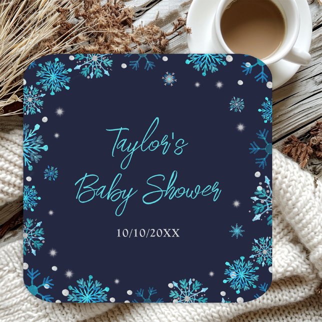 Blue and Silver Snowflakes Baby Shower Square Paper Coaster (Creator Uploaded)
