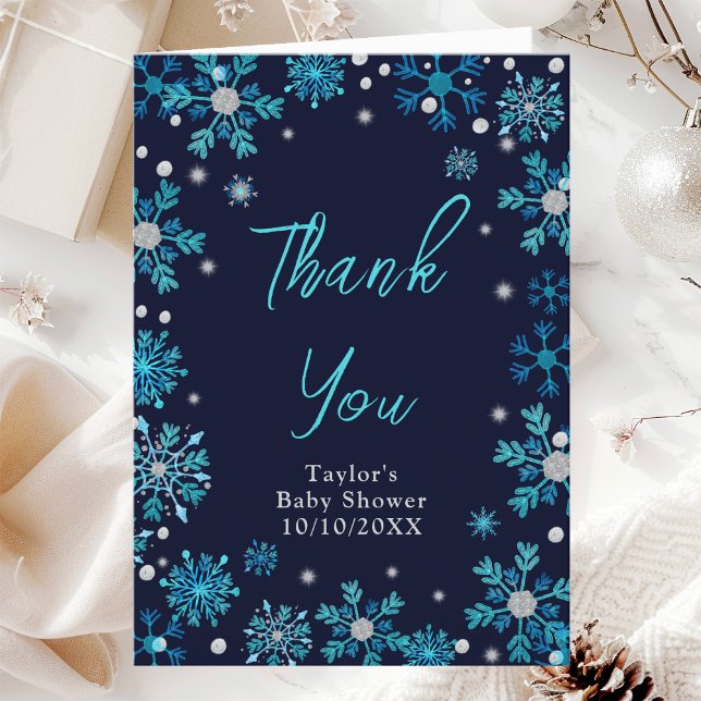 Blue and Silver Snowflakes Baby Shower Thank You Card (Creator Uploaded)