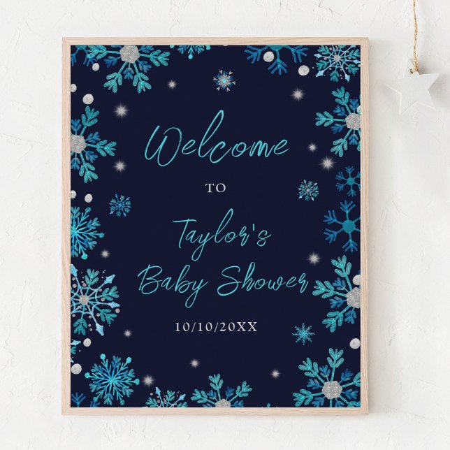 Blue and Silver Snowflakes Baby Shower Welcome Poster (Creator Uploaded)