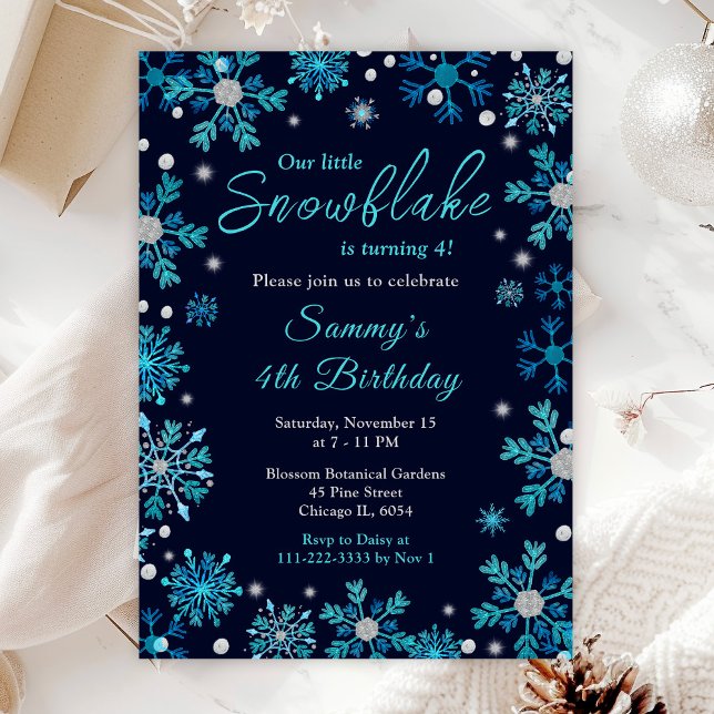 Blue and Silver Snowflakes Birthday Party Invitation (Creator Uploaded)