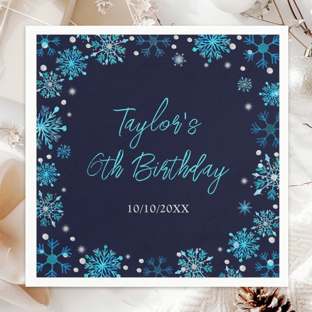 Blue and Silver Snowflakes Birthday Party Napkin (Creator Uploaded)