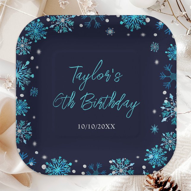 Blue and Silver Snowflakes Birthday Party Paper Plate (Creator Uploaded)