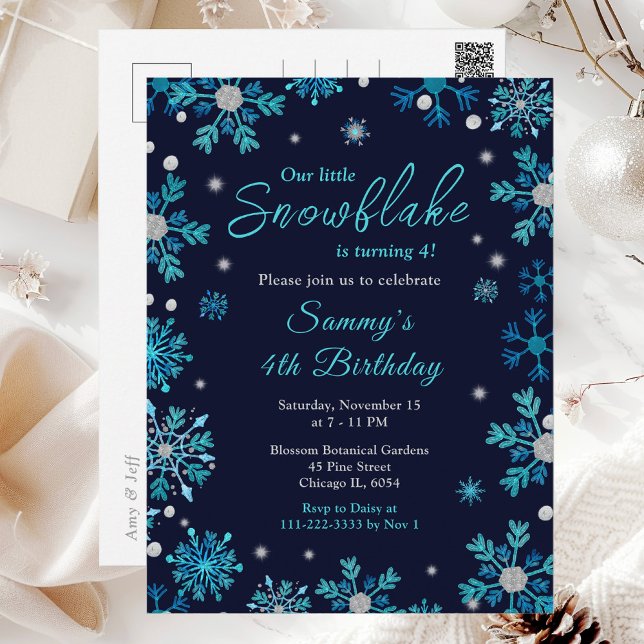 Blue and Silver Snowflakes Birthday Party Postcard (Creator Uploaded)