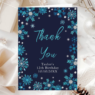 Blue and Silver Snowflakes Birthday Party Thank You Card