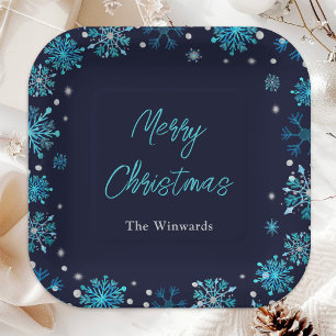 Blue and Silver Snowflakes Christmas Party Paper Plate