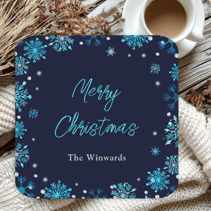 Blue and Silver Snowflakes Christmas Party Square Paper Coaster