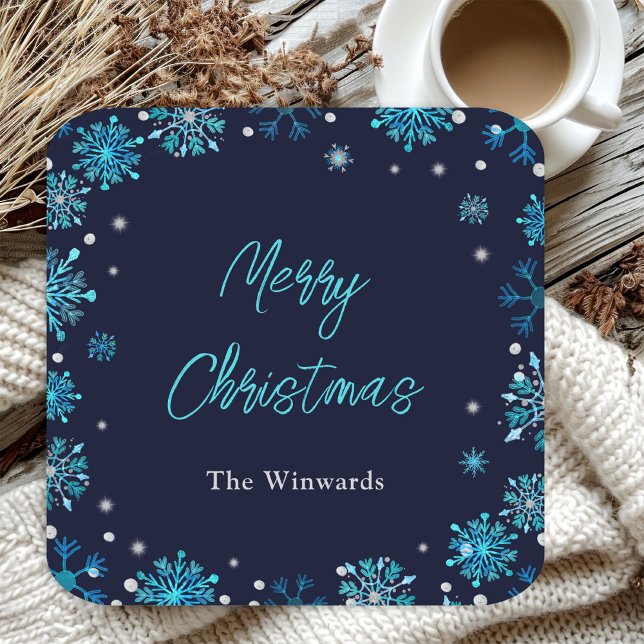 Blue and Silver Snowflakes Christmas Party Square Paper Coaster (Creator Uploaded)