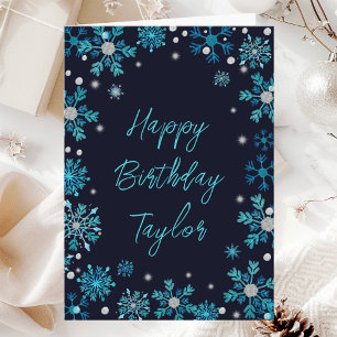 Blue and Silver Snowflakes Happy Birthday Card