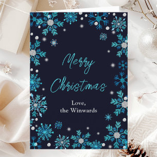 Blue and Silver Snowflakes Merry Christmas Holiday Card