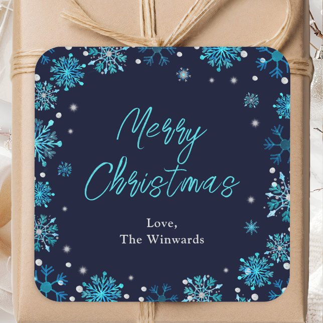Blue and Silver Snowflakes Merry Christmas Square Sticker (Creator Uploaded)