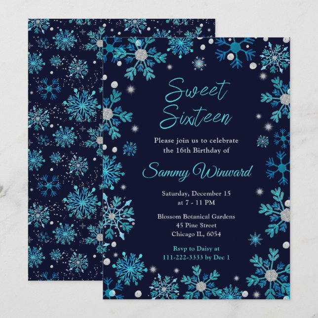 Blue and Silver Snowflakes Sweet Sixteen Invitation (Front/Back)