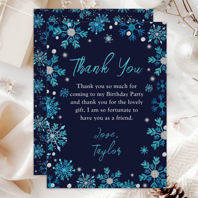 Blue and Silver Snowflakes Winter Birthday Party Thank You Card (Creator Uploaded)