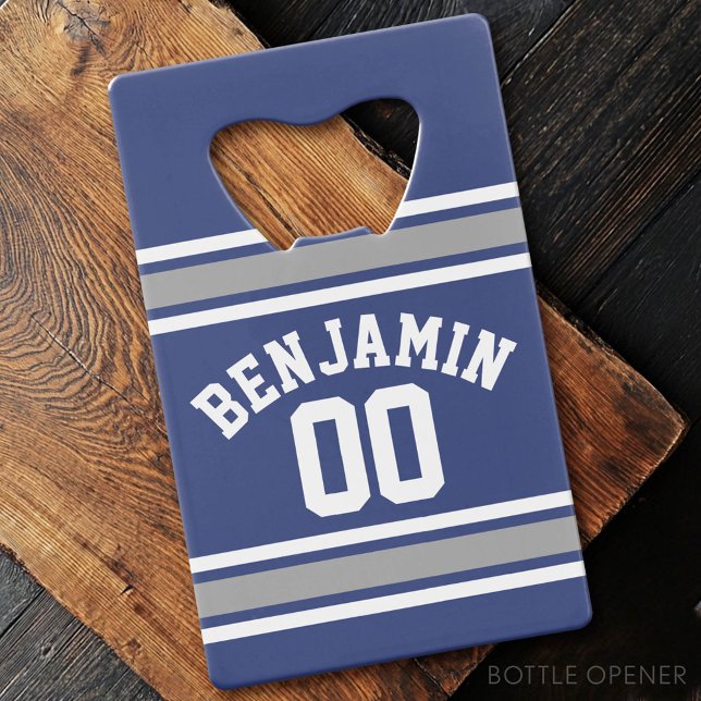 Blue and Silver Sports Jersey Custom Name Number (Custom Bottle Opener - Card Style)