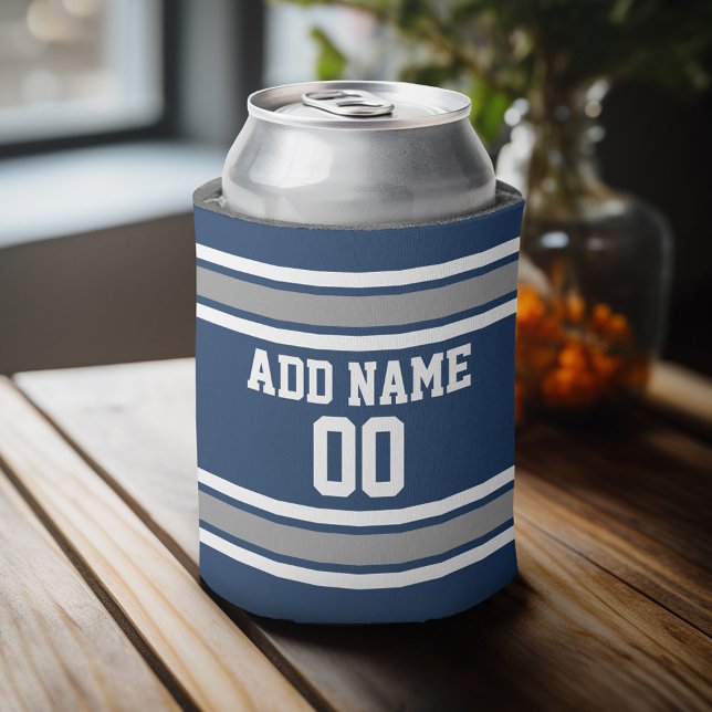 Blue and Silver Sports Jersey Custom Name Number Can Cooler (Personalized Can Cooler - add a name and custom text to this sports jersey design)