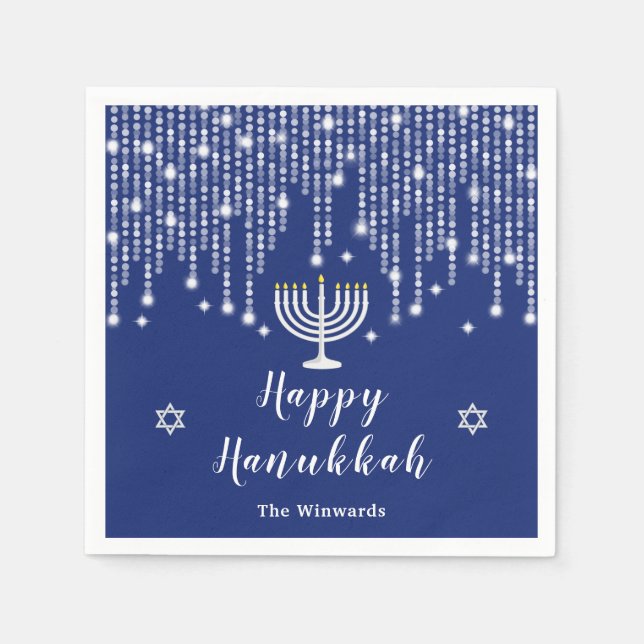 Blue and Silver String Lights Happy Hanukkah Napkin (Front)