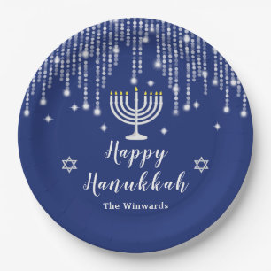 Blue and Silver String Lights Happy Hanukkah Paper Plate