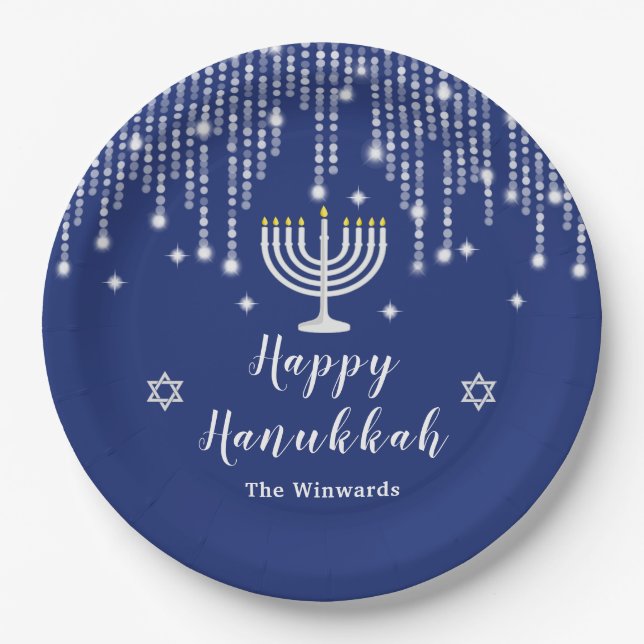 Blue and Silver String Lights Happy Hanukkah Paper Plate (Front)