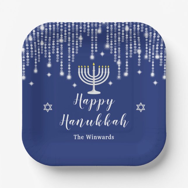 Blue and Silver String Lights Happy Hanukkah Paper Plate (Front)