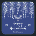 Blue and Silver String Lights Happy Hanukkah Square Sticker<br><div class="desc">This elegant and sophisticated Hanukkah sticker features beautiful silver string fairy lights with diamond sparkles,  a menorah candle and the Star of David. The text combines handwritten script and serif fonts for a stylish and modern look. This is perfect for a Hanukkah party.</div>