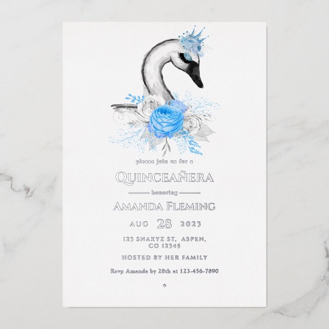 Blue and Silver Swan Quinceañera Foil Invitation (Front)