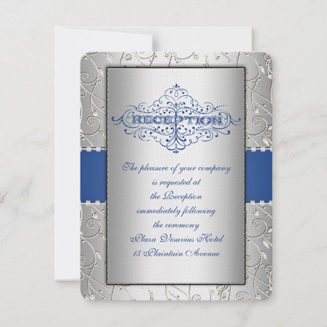 Blue and Silver Swirl Wedding Reception Card (Front)