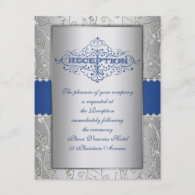 Blue and Silver Swirl Wedding Reception Card (Front)