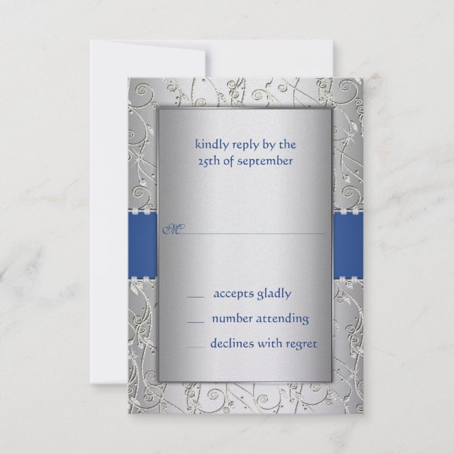 Blue and Silver Swirl Wedding RSVP Card (Front)