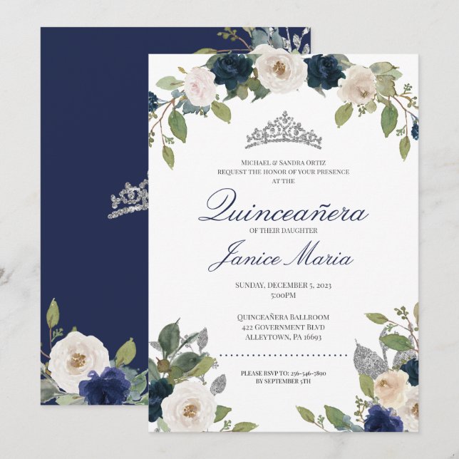 Blue and Silver Tiara Floral Elegant Quinceañera Invitation (Front/Back)