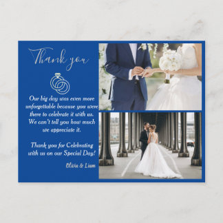 Blue and Silver Wedding Ring Wedding Thank You Postcard