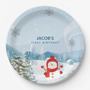 Blue and Silver Winter onederland Boy 1st Birthday Paper Plate