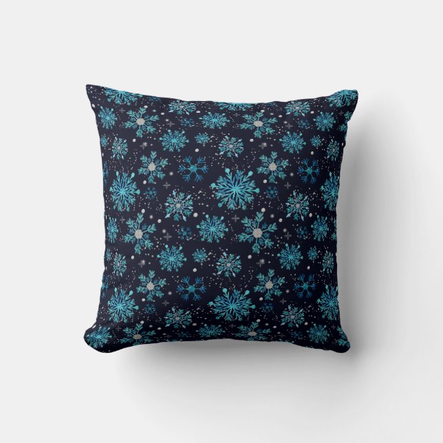 Blue and Silver Winter Snowflakes Cushion (Front)