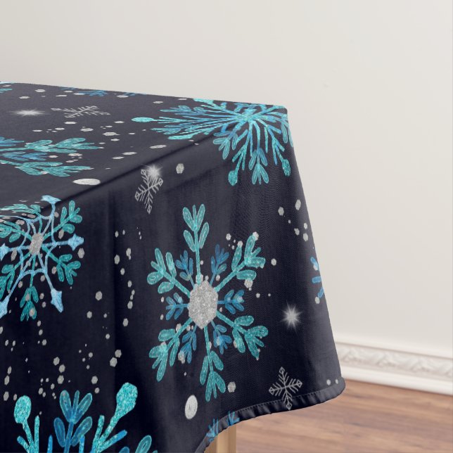 Blue and Silver Winter Snowflakes Tablecloth (In Situ)