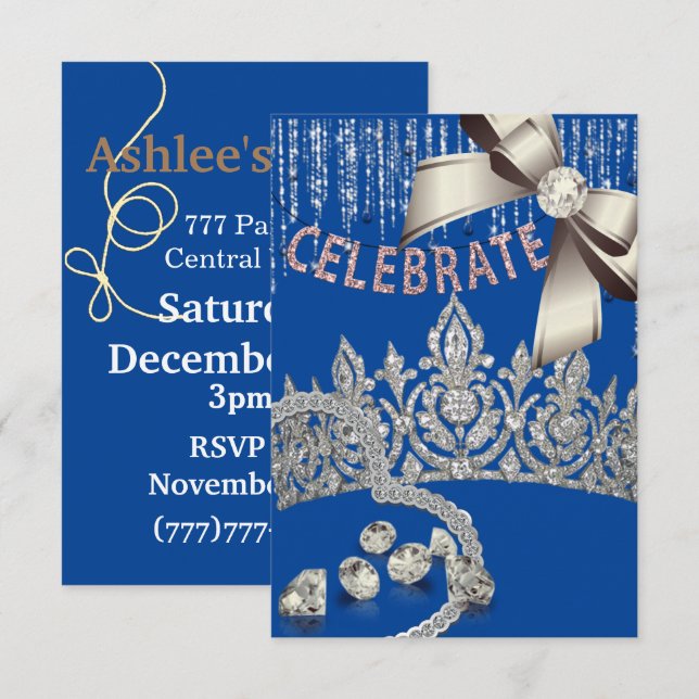 Blue and Silver with crown diamonds blue  party Invitation (Front/Back)