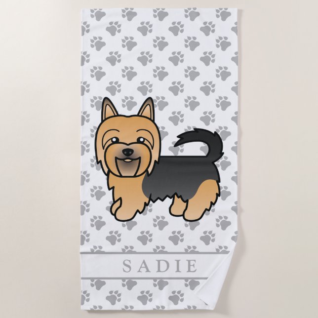 Blue And Tan Australian Terrier Cartoon Dog & Name Beach Towel (Front)